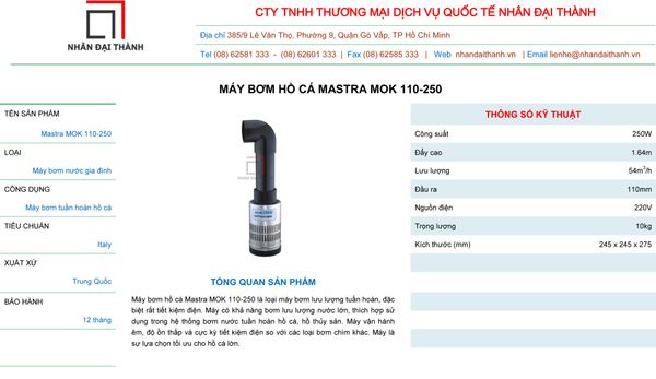 Thông số kỹ thuật của máy bơm chìm hồ cá Mastra MOK110-250