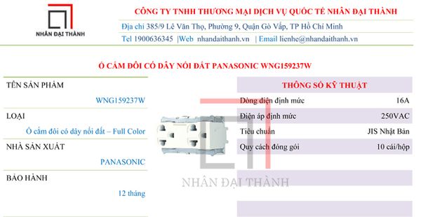 Thông số kỹ thuật của Ổ cắm đôi có dây nối đất Panasonic WNG159237W