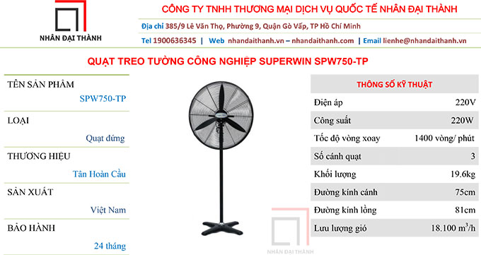 Thông số kỹ thuật Quạt đứng công nghiệp Superwin SPW750-TP