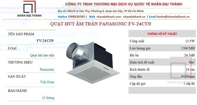 Thông số kỹ thuật Quạt hút âm trần Panasonic FV-24CU9