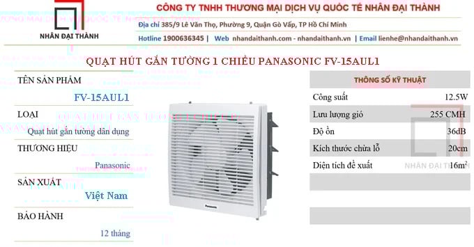 Thông số kỹ thuật Quạt hút gắn tường dân dụng Panasonic FV-15AUL1