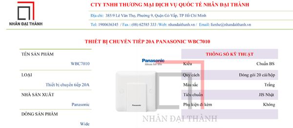 Thông số kỹ thuật của Thiết bị chuyển tiếp 20A Panasonic WBC7010