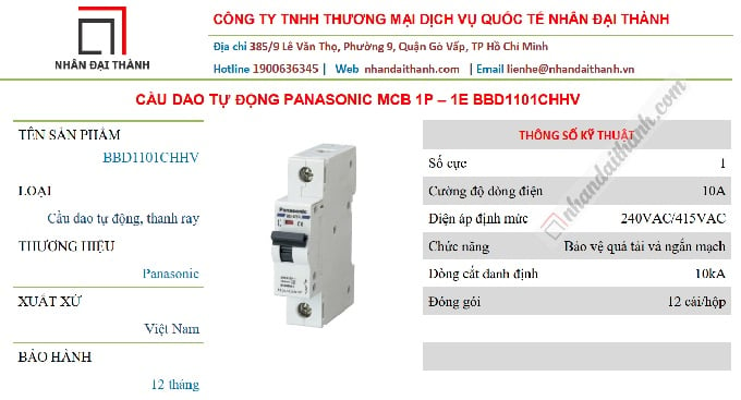 Thông số kỹ thuật của Cầu dao tự động MCB 1P 10kA Panasonic BBD1101CHHV