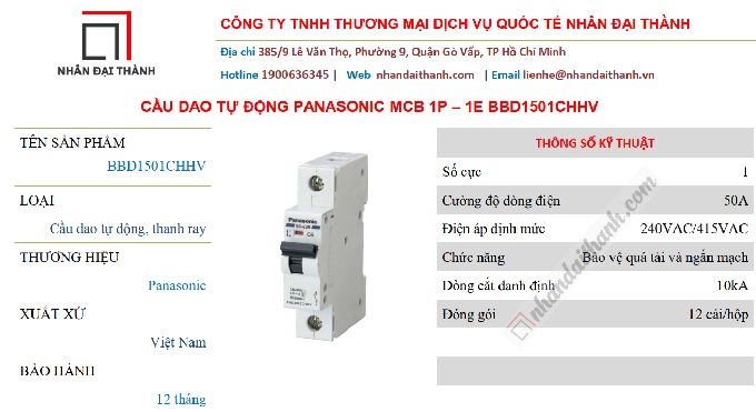 Thông số kỹ thuật của Cầu dao tự động MCB 1P 10kA Panasonic 50A BBD1501CHHV