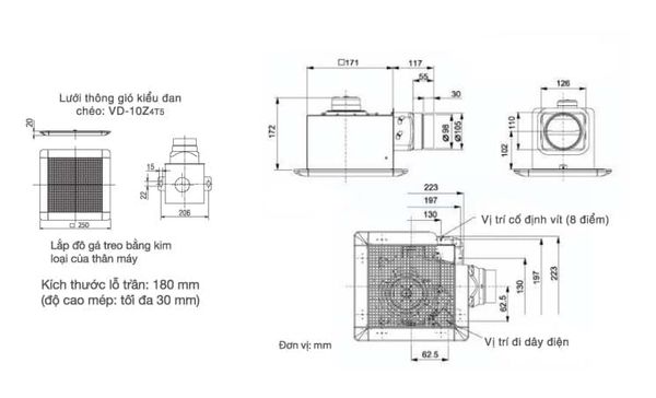 Bản vẽ kĩ thuật và Biểu đồ lưu lượng khí của Quạt âm trần Mitsubishi VD-10Z4T6