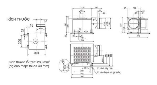 Bản vẽ kĩ thuật và Biểu đồ lưu lượng khí của Quạt hút âm trần Mitsubishi VD-18Z4T5