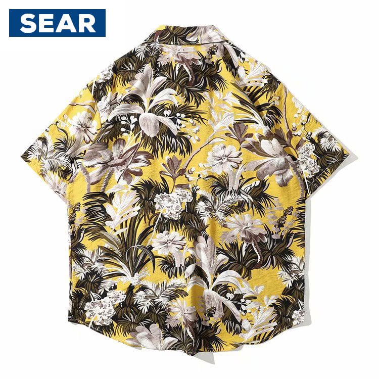 Áo hoa đi biển Sear vàng S1116 (Vải đũi tơ)