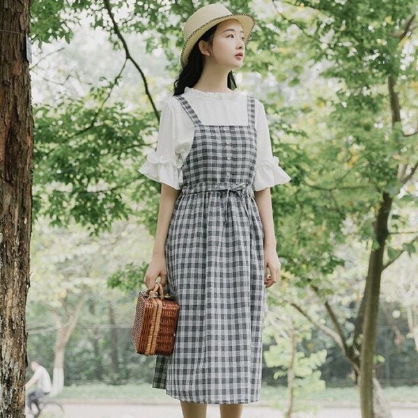 Mua (HÀNG SẴN) Váy yếm xòe Vintage thắt eo kẻ sọc MORAN Hàn Quốc | Tiki