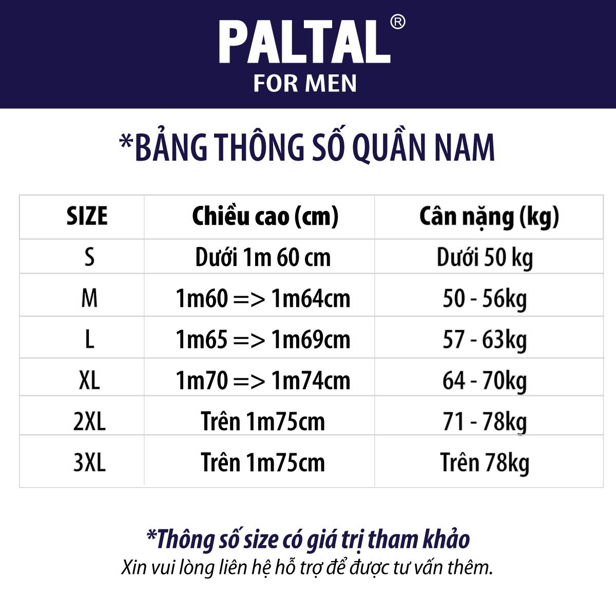 Bảng size quần Nam PALTAL