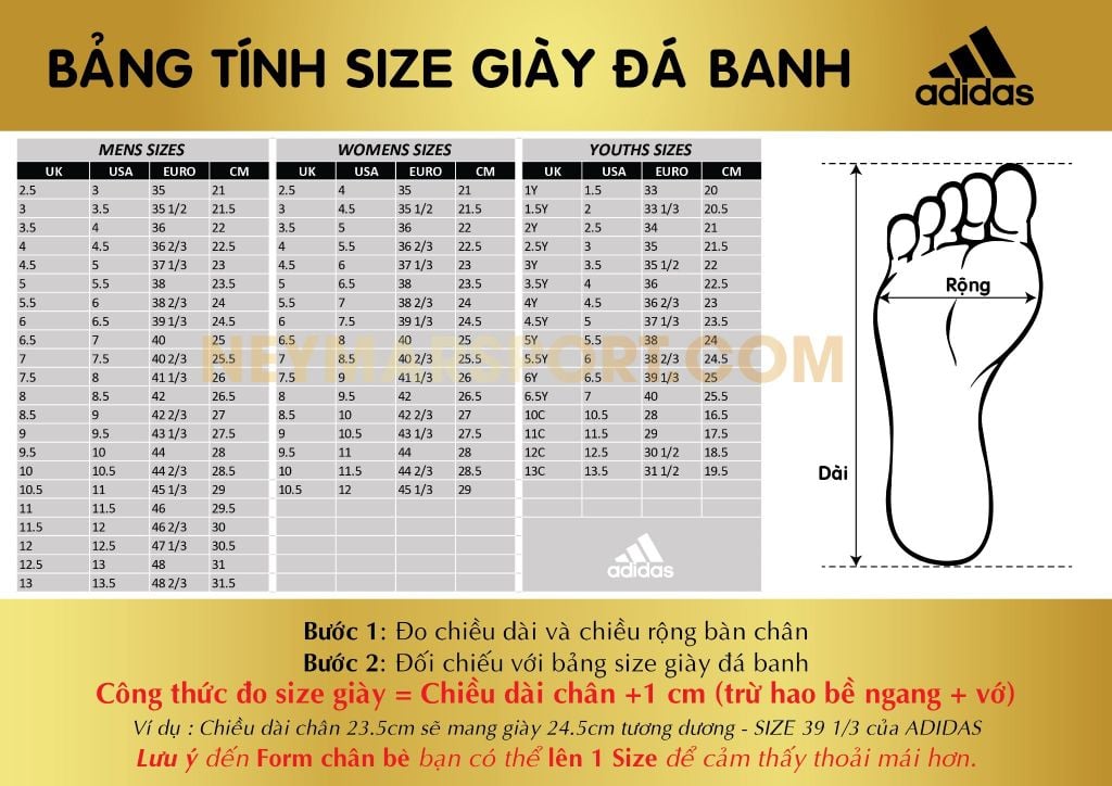 Không còn phải lo lắng về size giày đá banh nữa! Hình ảnh này sẽ cho bạn thấy những đôi giày đồng hành cùng các cầu thủ chuyên nghiệp. Bạn sẽ tìm thấy size giày phù hợp với chiều dài chân của mình và có thể tự tin bước vào sân cỏ.