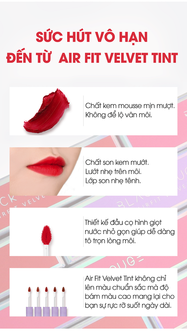 Black Rouge Air Fit Velvet Tint 04 Rasberry Syrup - Đỏ Cherry sẽ làm cho đôi môi của bạn trở nên quyến rũ và thu hút hơn. Thưởng thức hình ảnh để tìm hiểu thêm về sản phẩm này.
