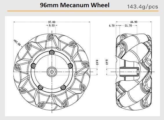 Cặp bánh xe Mecanum L + R nhựa đường kính 96mm