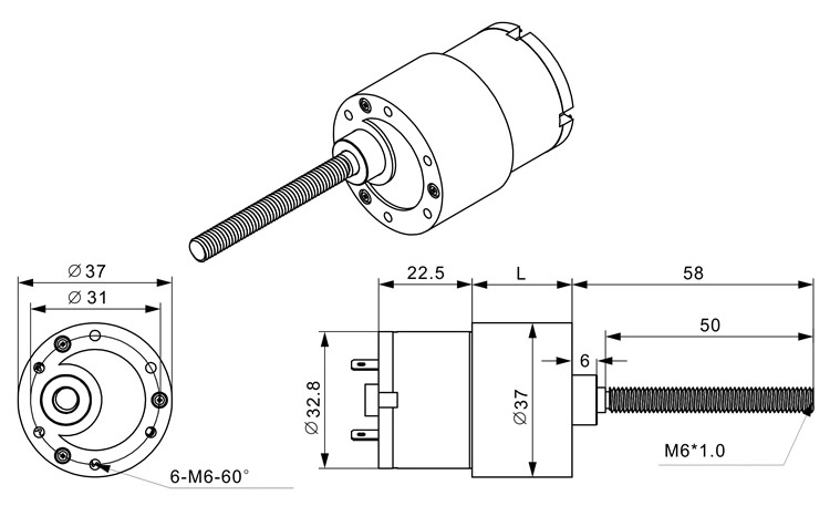 Động Cơ DC giảm tốc trục vít JGB37-520 M6 Screw Geared Motor kèm đai ốc