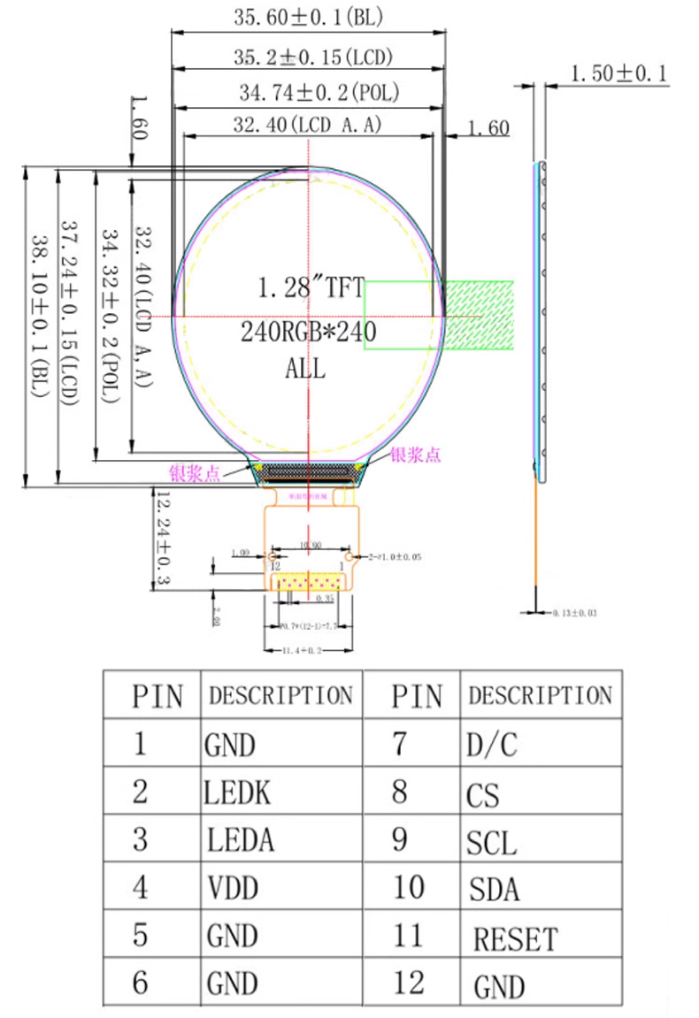 Panel màn hình LCD TFT IPS 1.28 Inch Round GC9A01 SPI Interface