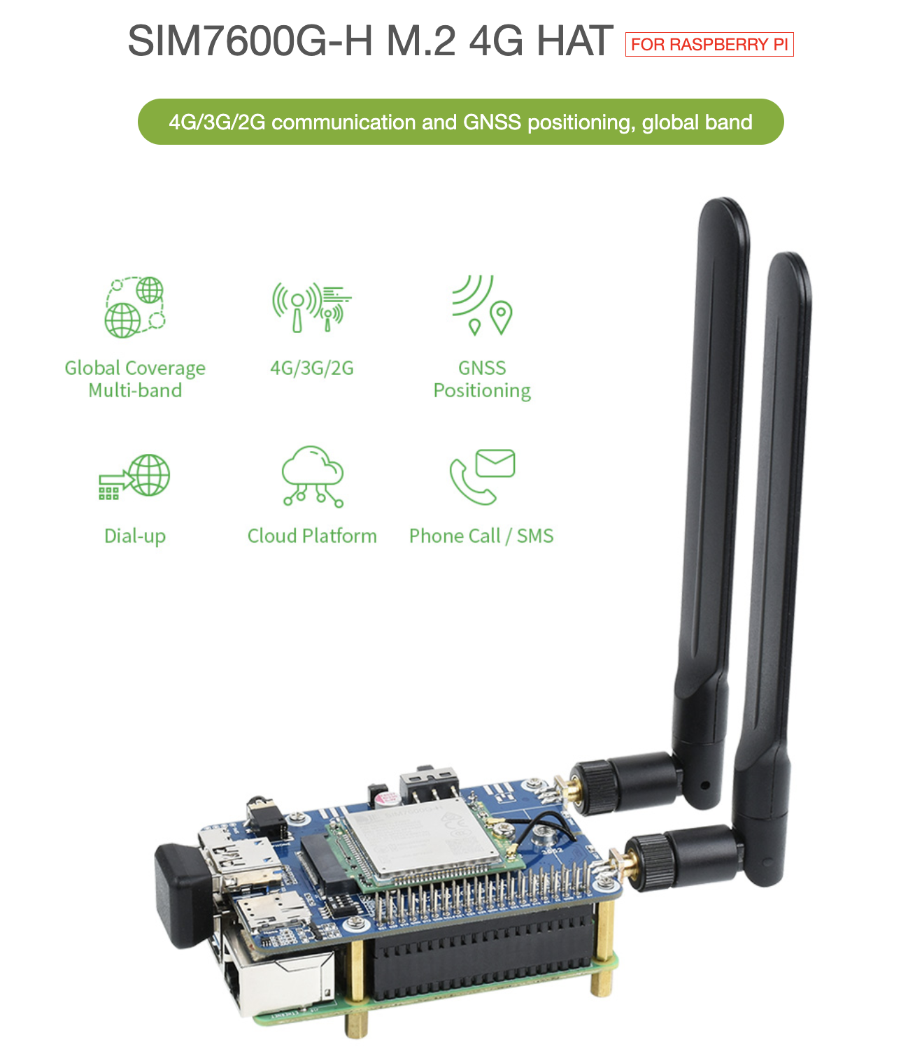 Mạch Waveshare SIM7600G-H M.2 4G HAT for Raspberry Pi, LTE CAT4 High Speed, 4G/3G/2G, GNSS, Global Band