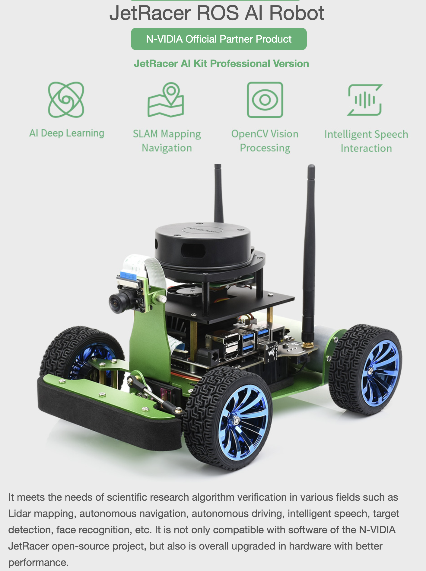 JetRacer Professional Version ROS AI Kit, Lidar Mapping, Vision Processing Powered by Jetson Nano