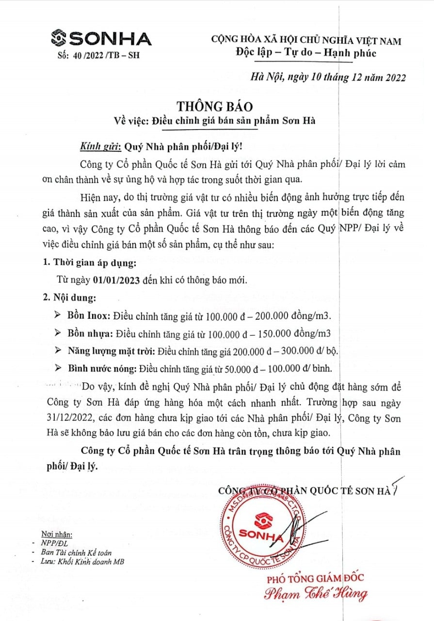 Thông báo tăng giá các sản phẩm Sơn Hà từ tháng 1-2023