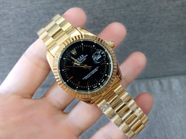 Đồng hồ Rolex mạ vàng, mặt đen, kính saphia, máy Nhật