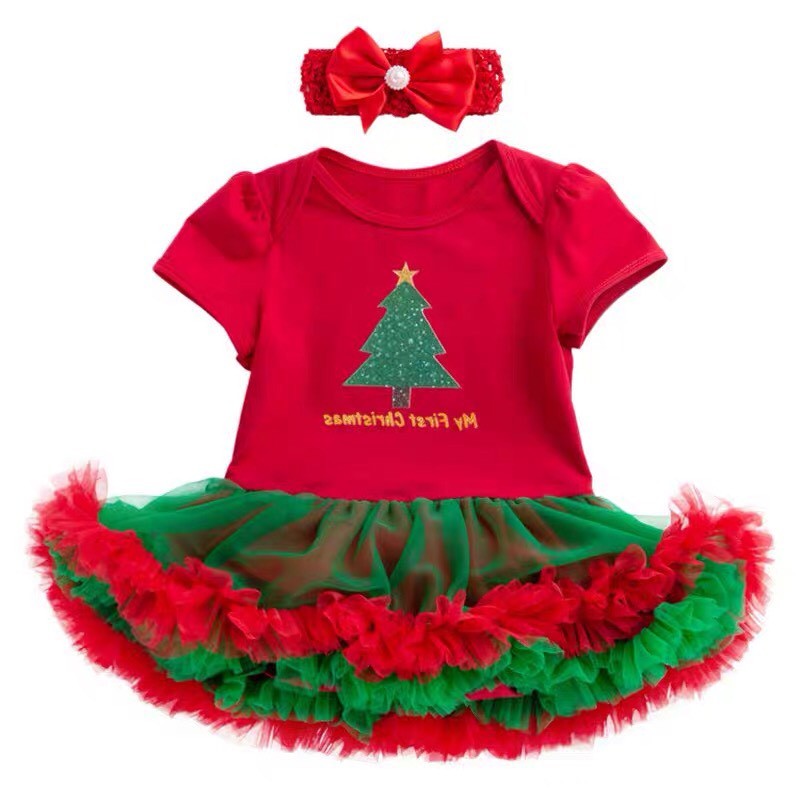 Đầm ren viền kim tuyến hoa trang phục Noel trẻ em