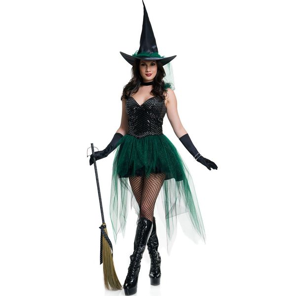 Trang phục hóa trang Halloween nữ đầm phù thủy ren xanh