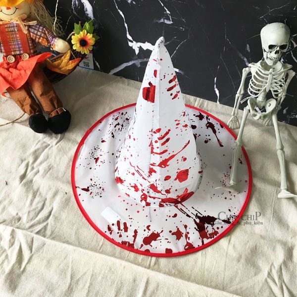 nón phù thủy trắng sơn đỏ 