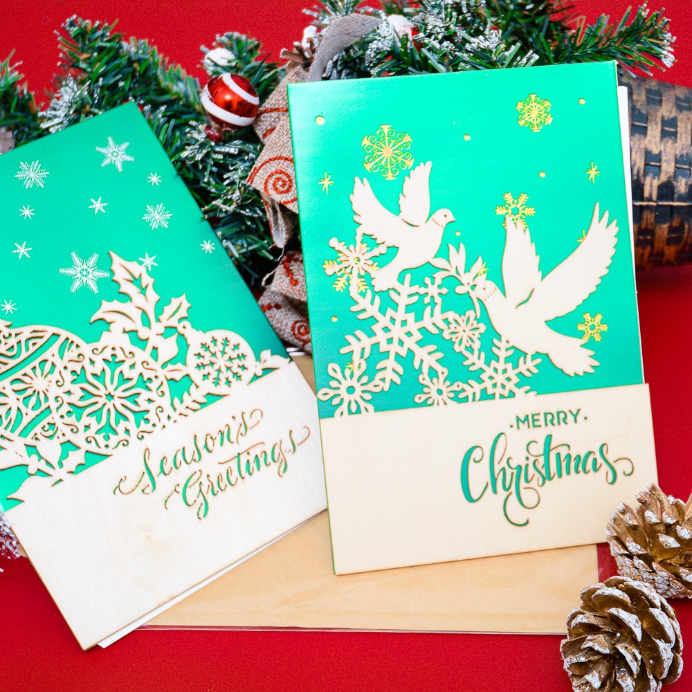Thiệp Noel gỗ tuần lộc và bồ câu