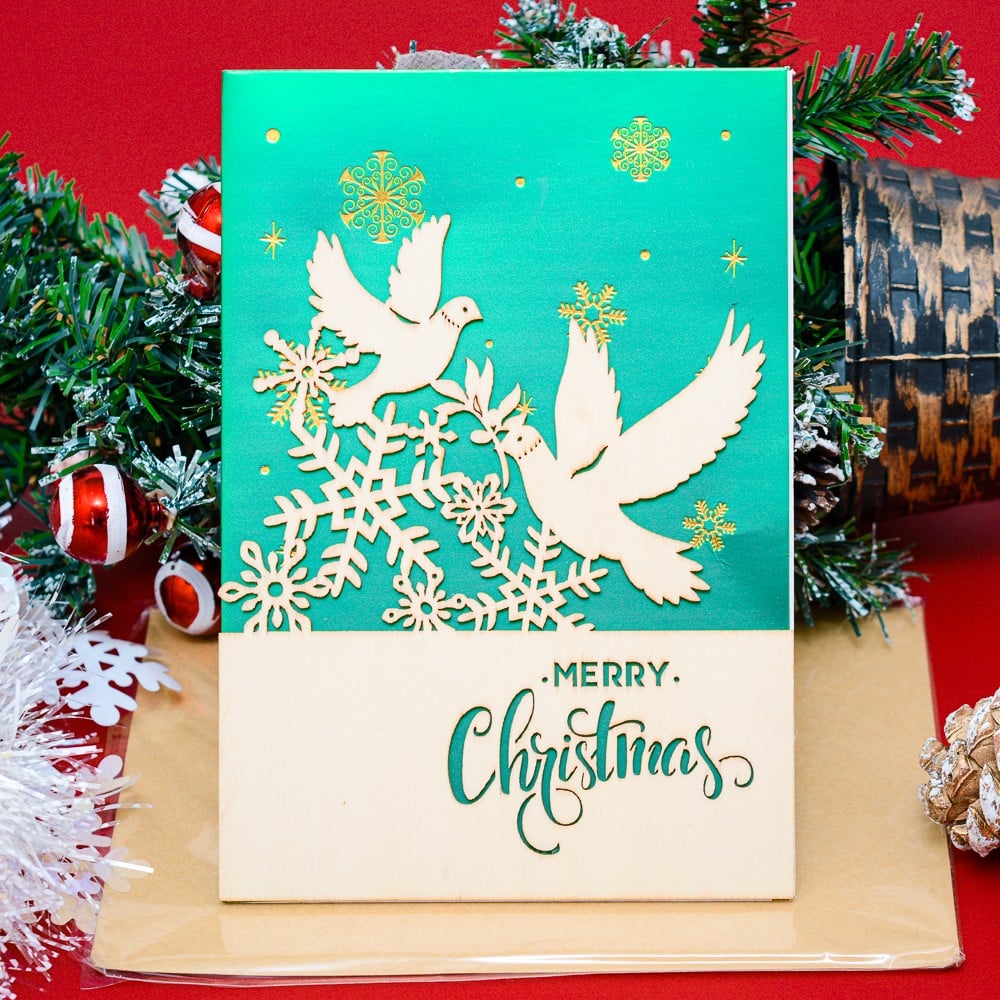Thiệp Noel gỗ tuần lộc và bồ câu