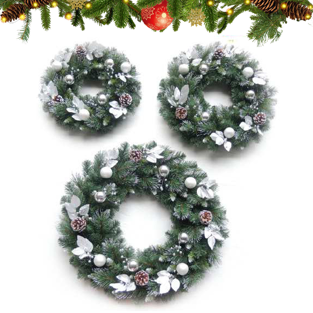 Vòng hoa trang trí Noel 3 loại lá lăn kim tuyến bạc 2 size