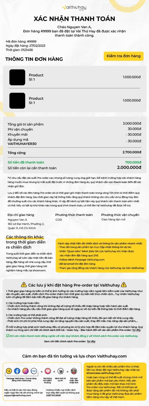 email confirm đơn đặt trước tại Vaithuhay