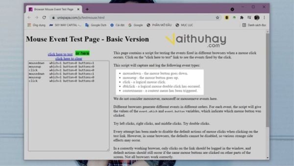 Cách test chuột máy tính bằng web Mouse Event Test Page