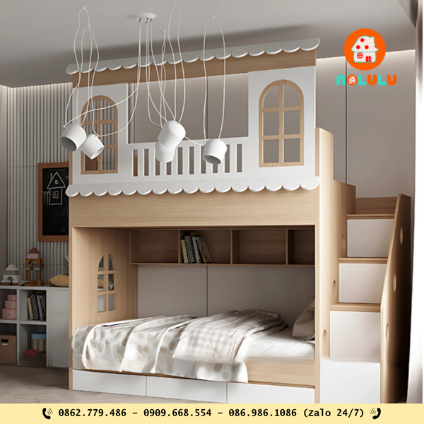 3. Giường tầng kết hợp kệ – Thiết kế thông minh cho trẻ yêu học hỏi