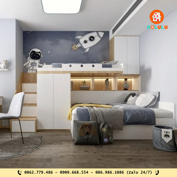 2. Giường tầng đa năng – Tích hợp lưu trữ, tủ đồ và bàn học tiện ích