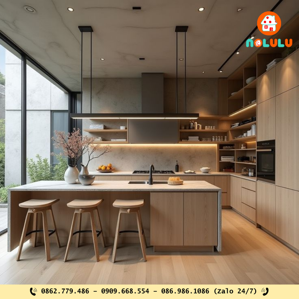 Tủ bếp kết hợp quầy bar: Tạo điểm nhấn sang trọng, tiện lợi tiếp khách.