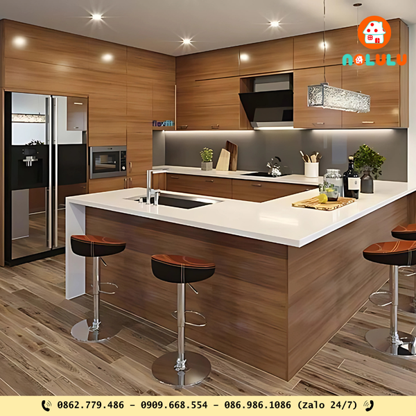 Tủ bếp chữ G: Mở rộng thêm quầy phụ.