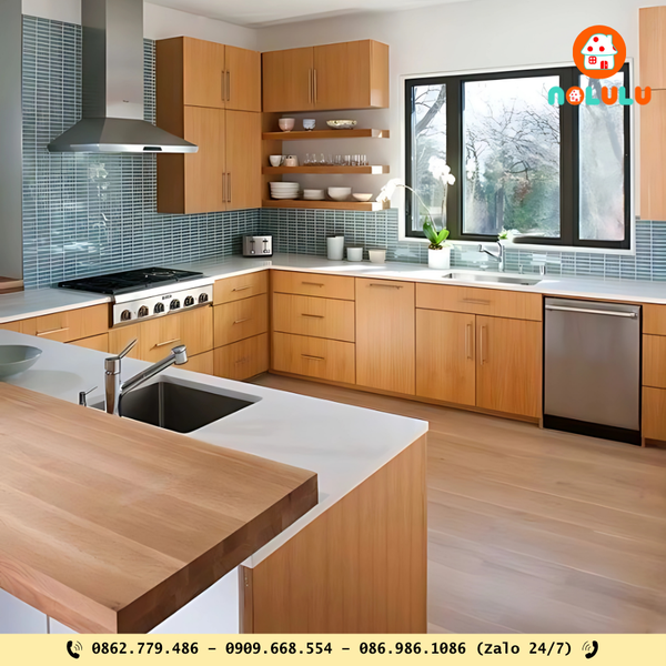 Tủ bếp chữ U: Tối ưu không gian nấu nướng, phù hợp bếp rộng.
