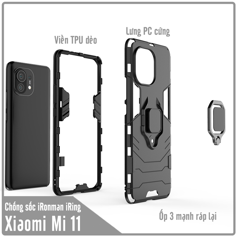 Ốp lưng Xiaomi Mi 11 iRON MAN IRING viền dẻo chống sốc, mặt lưng có móc tay kiêm chân đế3