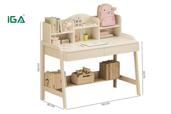 Bàn tích hợp giá sách, ngăn kéo giúp bé rèn thói quen gọn gàng và lưu trữ đồ dùng tiện lợi