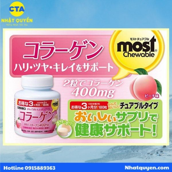 Kẹo Most Chewable bổ sung Collagen Orihiro 180 viên