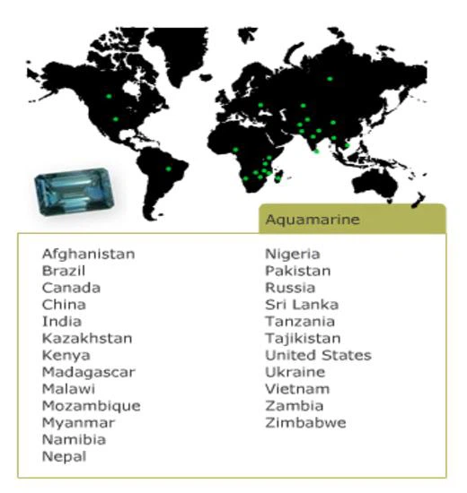 Bản đồ phân bố đá Aquamarine trên thế giới