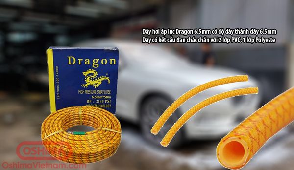 Dây hơi áp lực Dragon 6.5x50m được thiết kế 3 lớp giúp chịu được áp lực cao