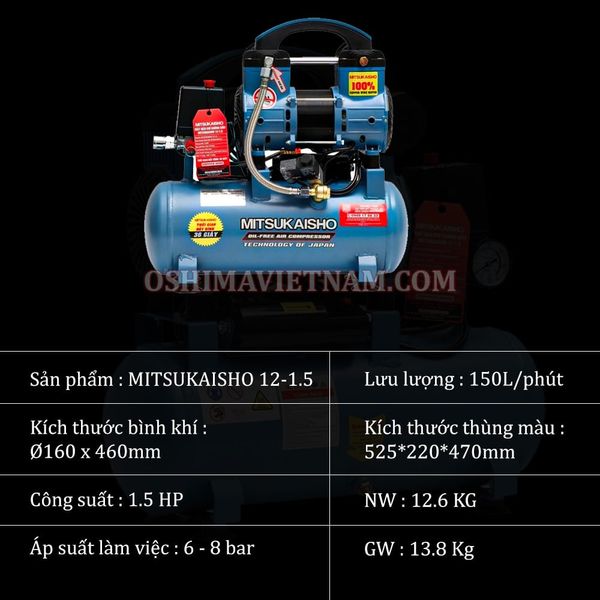 Thông số của máy nén khí không dầu Mitsukaisho 12-1.5 1.5HP Xanh dương Điện 1 pha