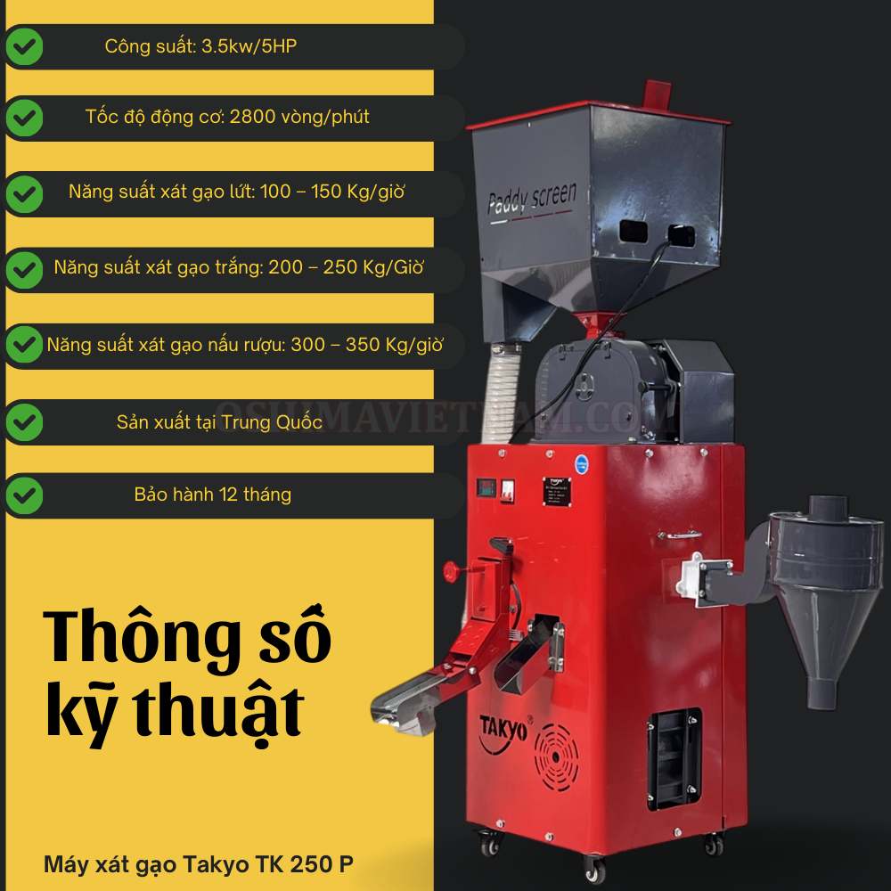 Thông số của máy xát lúa gạo Takyo TK 250 P