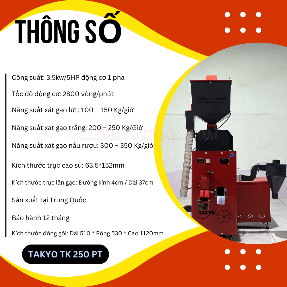 Thông số của máy xay xát lúa gạo Takyo TK 250 PT