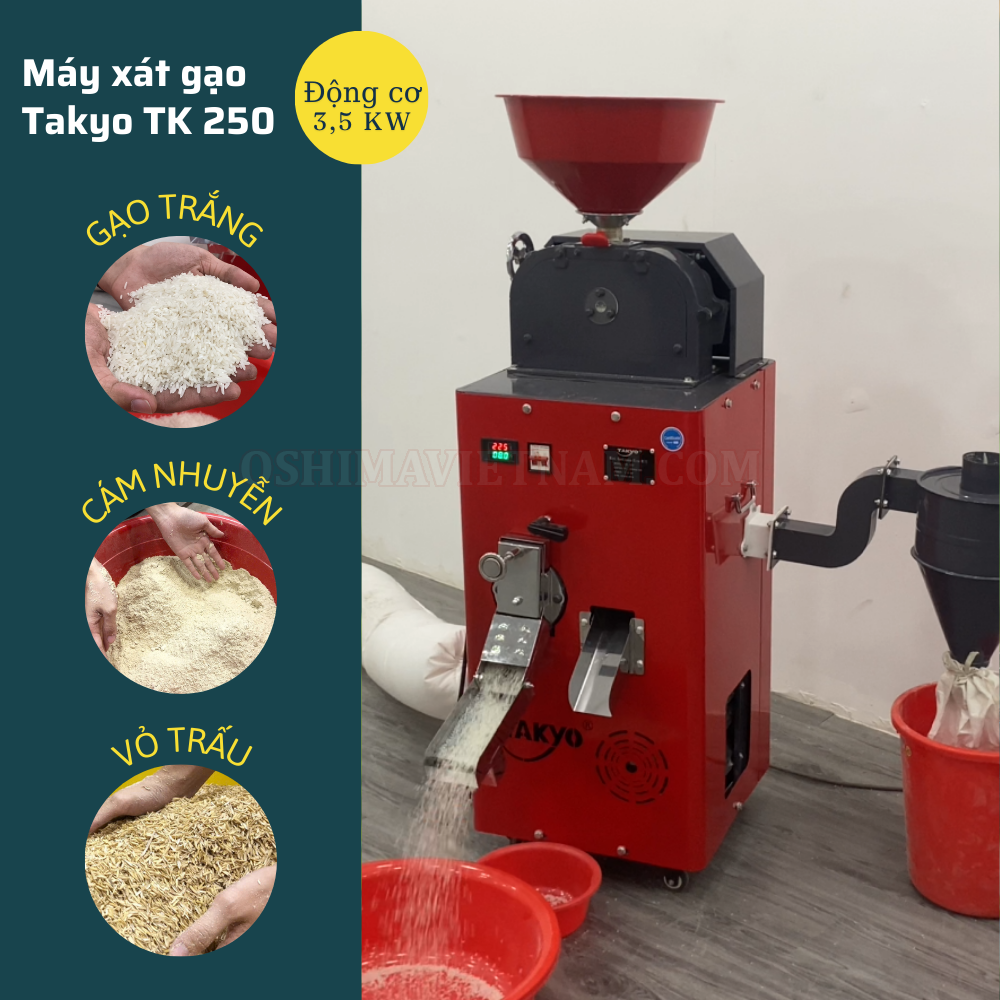 Máy xát lúa gạo Takyo TK 250 giúp tách vỏ trấu và cám riêng biệt và làm trắng gạo hiệu quả trong thời gian ngắn.