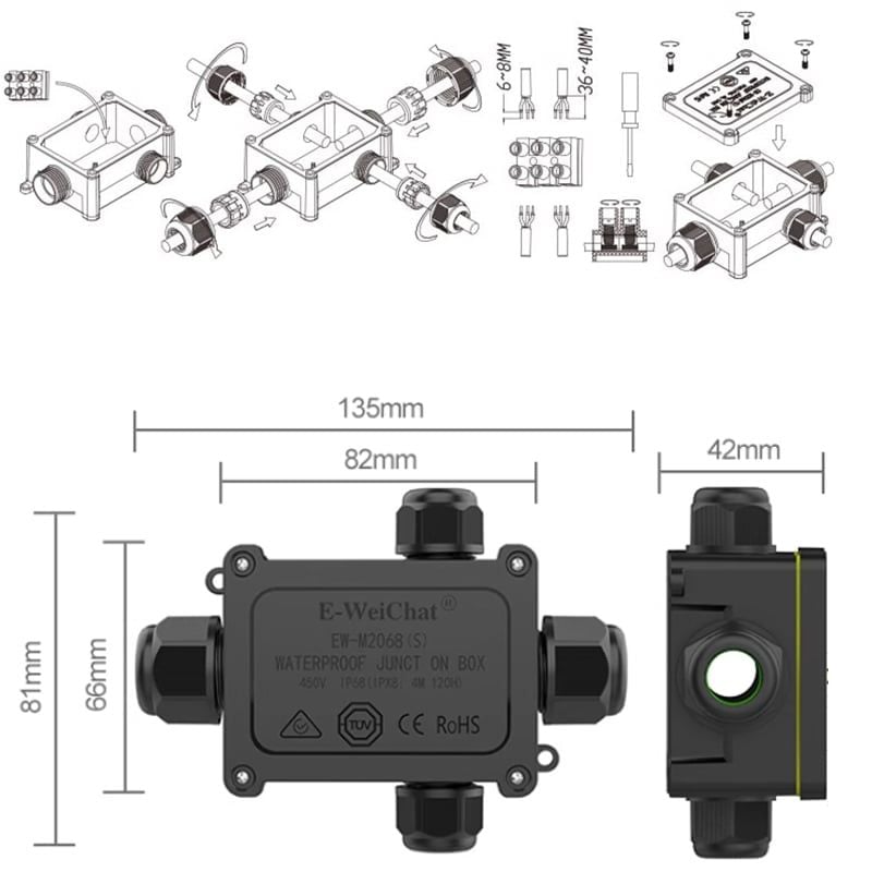 Hộp nối điện chống nước 4 ngả chuẩn IP68 chính hãng E-Weichat EW-M2068S-4TB