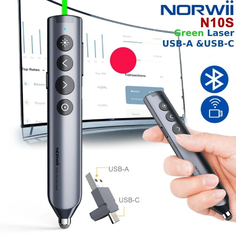 Bút trình chiếu Bluetooth dùng cho màn hình tương tác, LED Norwii N10S Pro laser màu xanh