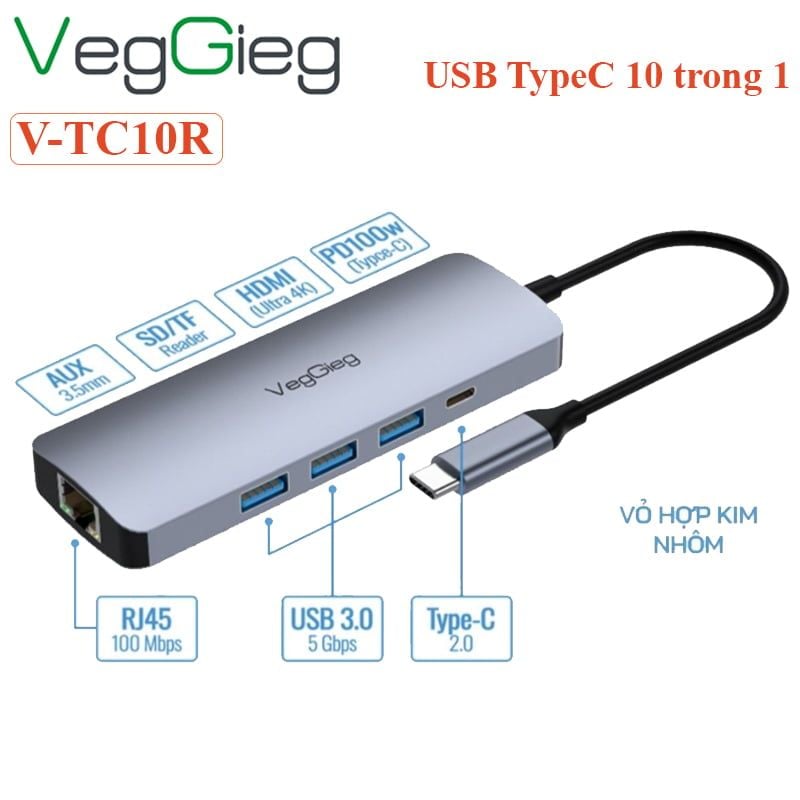 Bộ chuyển hub USB Type C 10 trong 1 Veggieg V-TC10R