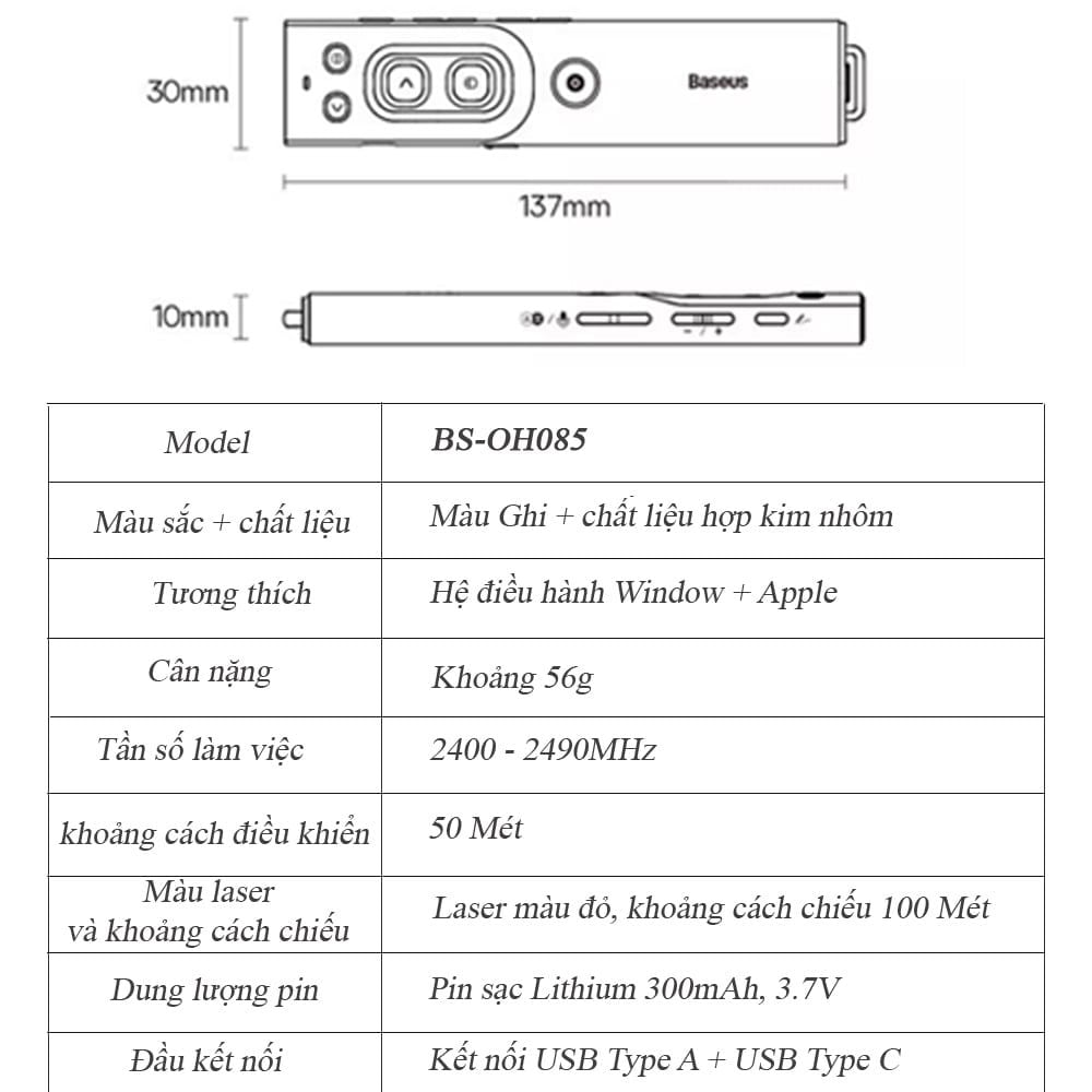 Bút trình chiếu dùng cho màn hình LED tivi  laser kỹ thuật số đầu nhận USB type c chính hãng Baseus BS-OH085