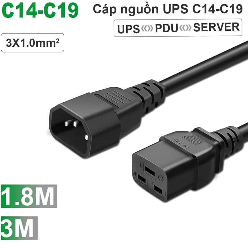 Dây cáp nguồn UPS C14-C19 lõi đồng 3x1.0mm² dài 1.8 mét và 3 mét