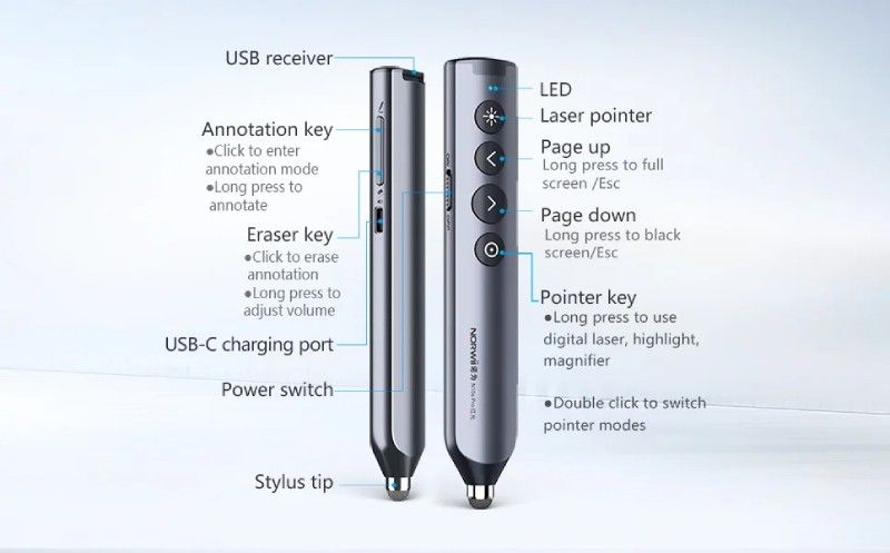Bút trình chiếu Bluetooth dùng cho màn hình tương tác, LED Norwii N10S Pro laser màu xanh